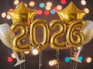 Golden balloons spelling out 2026 with champagne glasses and bokeh lights in the background
