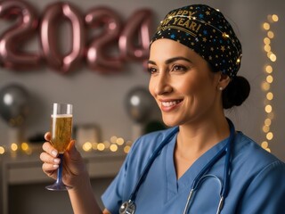 Nurse celebrating New Year's Eve with champagne and festive scrub cap