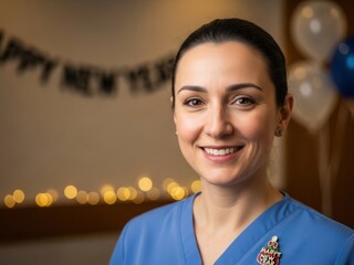 Smiling nurse in blue scrubs celebrates New Year's Eve with festive decorations