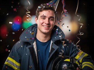 Smiling firefighter in uniform wearing a party hat with confetti and streamers celebrating
