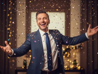 Man in suit laughing with confetti falling around him at a celebration