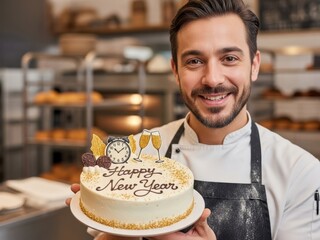 Smiling baker presents a festive Happy New Year cake decorated with a clock and champagne glasses