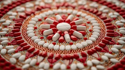 This showcases a close up of a pattern created by an arrangement of white and red objects An intricate mandala using symbols of opioids and their effects - Powered by Adobe