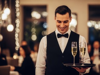 Smiling waiter in formal attire serves champagne in flutes at a fancy restaurant