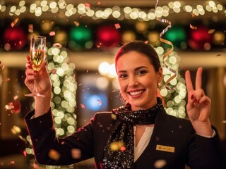 Smiling woman in uniform holding champagne and showing peace sign with confetti falling