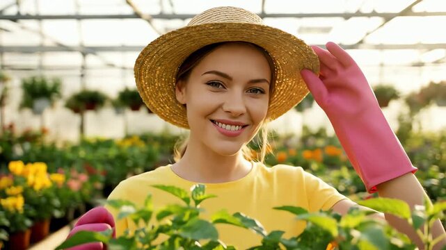 Young woman in straw hat and pink gloves tending to plants in a sunny greenhouse