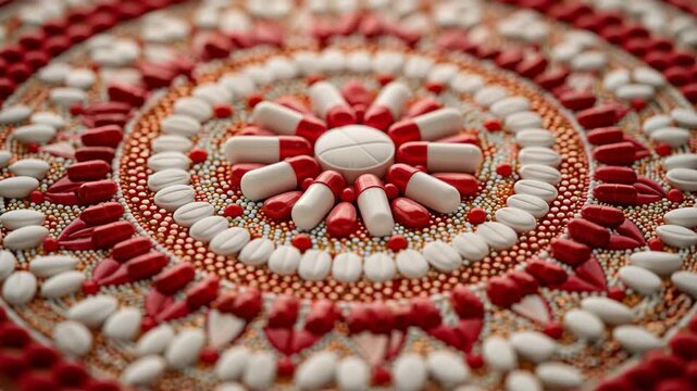 This showcases a close up of a pattern created by an arrangement of white and red objects An intricate mandala using symbols of opioids and their effects