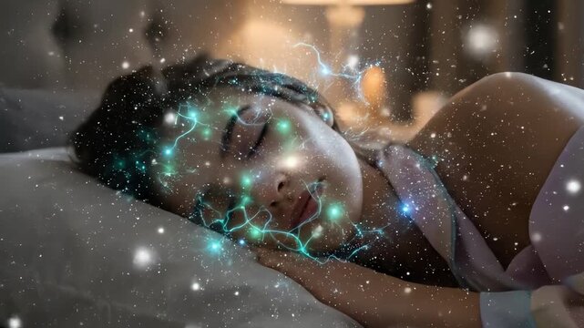 Abstract visualization of a sleeping woman's dream state with glowing neural connections representing brain activity.