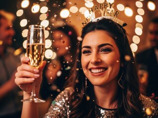 Woman celebrating New Year's Eve with champagne and confetti, smiling brightly