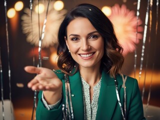 Smiling woman in green blazer offers hand with festive bokeh background and streamers