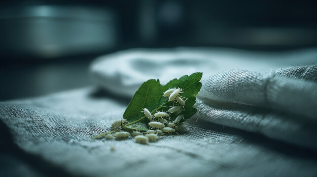 Macro shot of whiteflies on a plant leaf placed on fabric showing pest control inspection, insect infestation, and agricultural hygiene process