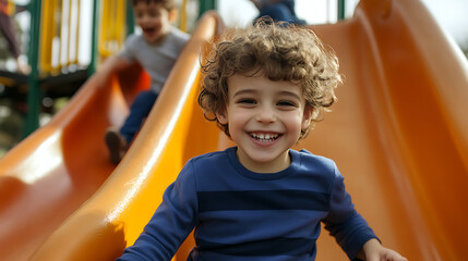 Joyful boy with curly hair slides down a playground slide, smiling widely. His friend follows behind, caught in a moment of pure childhood glee on a sunny day.