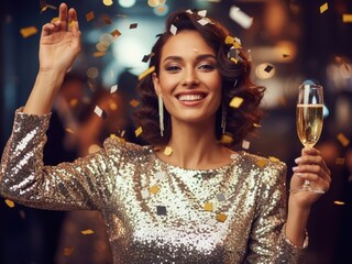 Elegant woman in sequined dress celebrating with champagne and confetti at a party