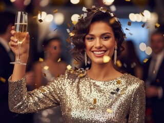 Woman in sequined dress holding champagne flute with confetti falling around her