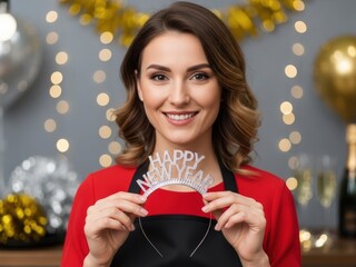 Smiling woman in red dress holding a sparkly 'Happy New Year' headband with festive bokeh lights
