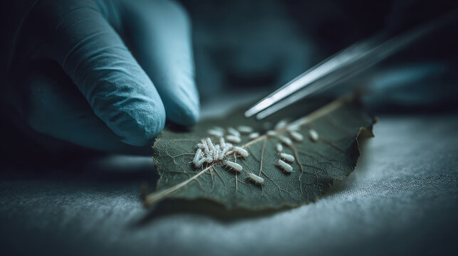 Macro shot of whiteflies on a plant leaf during laboratory inspection showing pest control research, insect infestation, and agricultural hygiene analysis