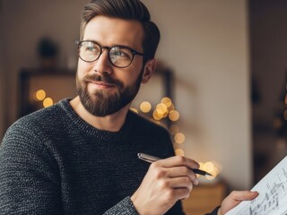 Thoughtful bearded man wearing glasses holding a blueprint and pen, looking away thoughtfully