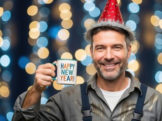 Man in party hat holding a mug with 'Happy New Year!' text against bokeh lights