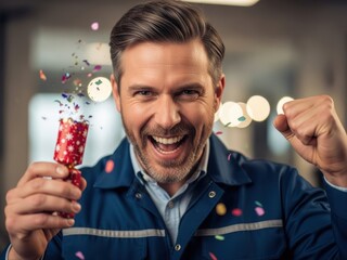 Excited man in work uniform celebrates with confetti popper and fist pump