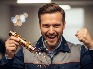 Excited man in work uniform celebrates with a Christmas cracker and confetti