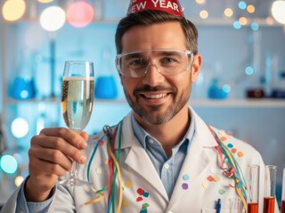 Scientist celebrating New Year's Eve in the lab with champagne and party hat