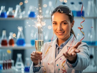 Scientist celebrates success with champagne and sparklers in a laboratory setting