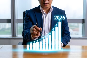 Business Growth Visualization: A professional, poised in a tailored suit, traces the upward trajectory of a glowing growth chart, symbolizing progress and ambition towards the year 2026. 