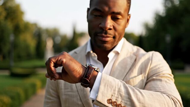 Man checking his watch while walking through a green park. Trees line the path with clear blue sky above. Concept of lifestyle, fashion, time management
