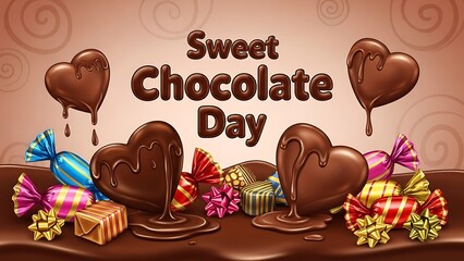 Chocolate hearts and gift boxes on a sweet chocolate day celebration background with colorful wrapping