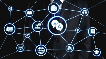 Translation icons show international languages, interpretation, and communication. Translation...