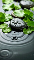 Smooth stones and water with leaves