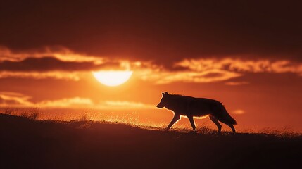 Lone wolf silhouette strides confidently against a vivid sunset. Warm hues paint the sky as it journeys across the horizon, an emblem of resilience.