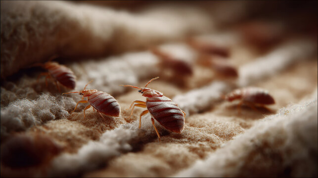 Bed bugs crawling on fabric surface in extreme macro view showing household pest infestation problem