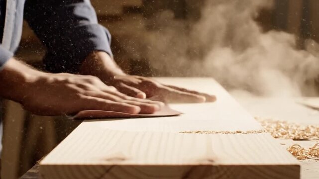 Close-up of a carpenters hands sanding a wooden plank, creating a cloud of sawdust in a workshop.
