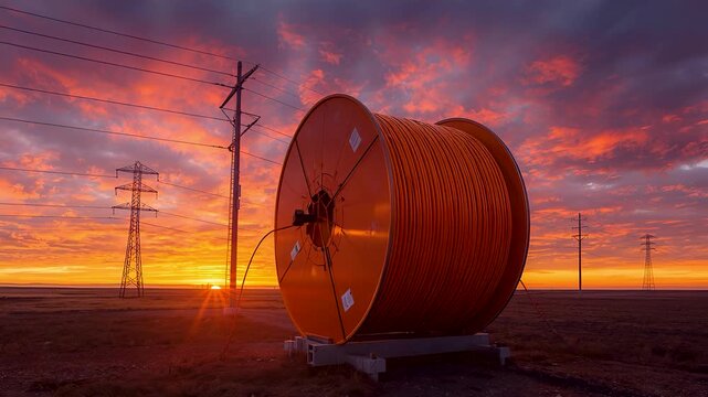 Massive industrial cable spool resting in open landscape at dramatic sunset with electricity towers, glowing sky, and strong energy infrastructure mood