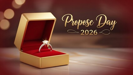 A luxurious diamond ring in an open golden jewelry box on a red velvet surface with Propose Day 2026 text