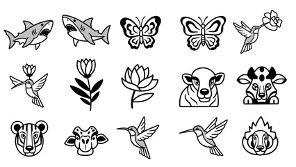 Fototapeta premium Set of line art animal illustrations including shark butterfly and hummingbirds