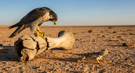DSLR wildlife photography showing how drought affects animals. A falcon perched on a bleached bone, staring down at a dehydrated lizard crawling slowly across burning sand.