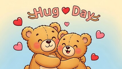 Two teddy bears embracing each other surrounded by hearts on a pastel background