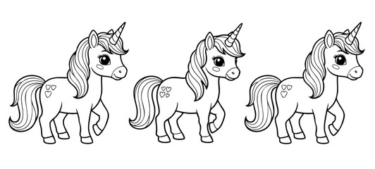 Unicorn pony with a horn and long mane, fantasy theme, coloring book page, coloring book, outline, SVG vector art, isolated on a white background