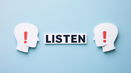 Visual representation of the importance of active listening, featuring paper cutouts of heads, exclamation points, and the word 'LISTEN' on a blue background. Emphasizes communication.