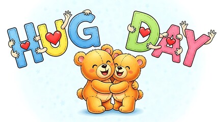 Two teddy bears embracing on a light background with colorful Hug Day text overlay