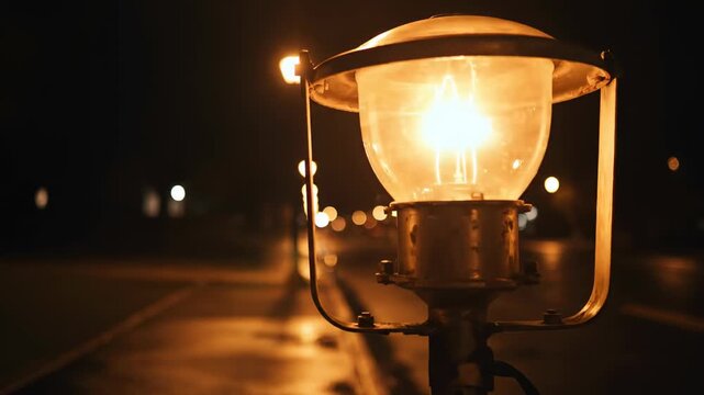 Street lamps shine on wet pavement at night creating bright light and reflections. Urban setting features clear roads and calm atmosphere. Concept of city lighting, urban design, photography