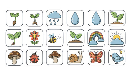 Set of cartoon nature icons plants weather insects and wildlife