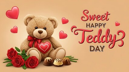 Cuddly teddy bear surrounded by red roses and hearts on Valentine's Day