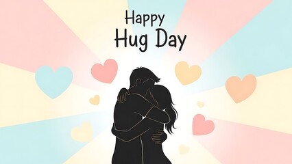 Couple embracing on Hug Day with hearts surrounding them in pastel colors