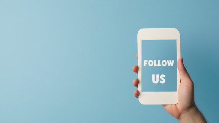 Hand holding a smartphone with the phrase "Follow Us" displayed on the screen against a pale blue backdrop. A simple request for engagement and a call to action for the audience.