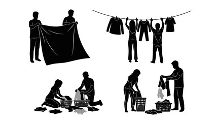 Silhouette characters doing laundry tasks in different scenes vector