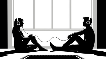 Silhouette couple headphones listening music by window, black and white