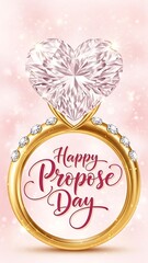 A heart-shaped diamond ring with the words Happy Propose Day engraved on it, symbolizing love and commitment